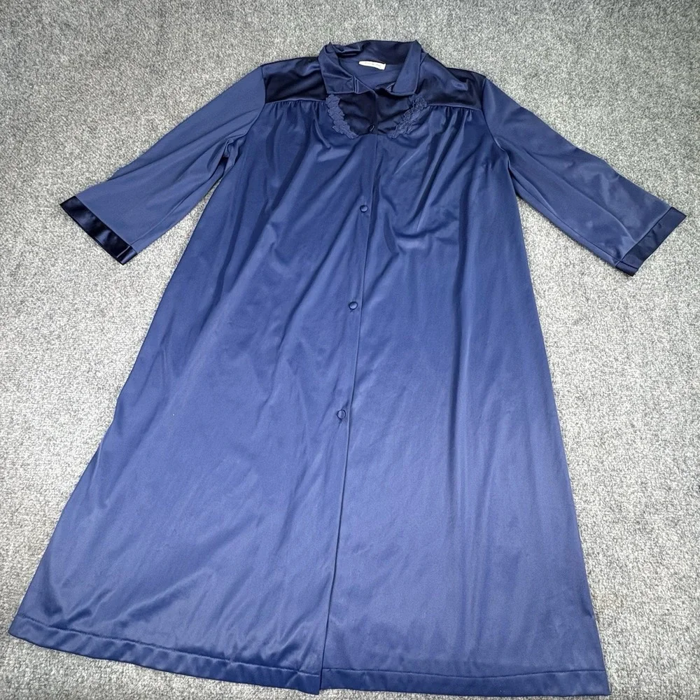 Vintage 70s Vanity Fair Blue Satin Robe Large Made USA 42